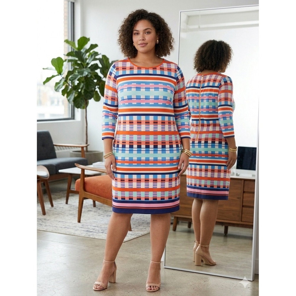 Eliza J Womens 16W Multi Color Geometric Stripe 3/4 Sleeve Shift Dress Jersey‎